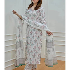 White Floral Cotton Kurti With Palazzo & Dupatta Set