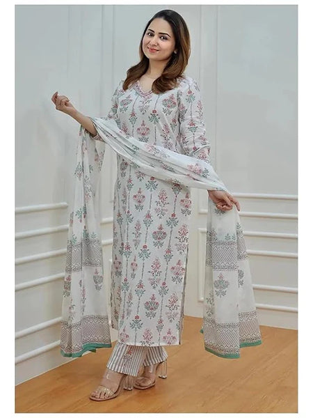 White Floral Cotton Kurti With Palazzo & Dupatta Set