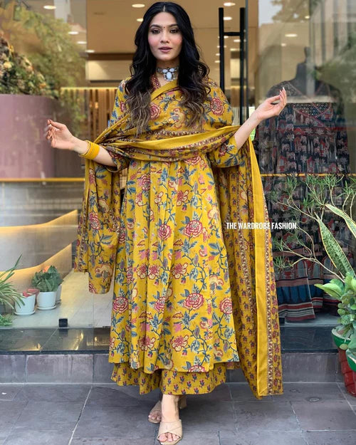 Women's Printed Cotton Anarkali Kurta & Pant With Dupatta Set Yellow
