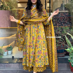 Women's Printed Cotton Anarkali Kurta & Pant With Dupatta Set Yellow
