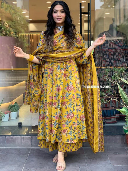 Women's Printed Cotton Anarkali Kurta & Pant With Dupatta Set Yellow