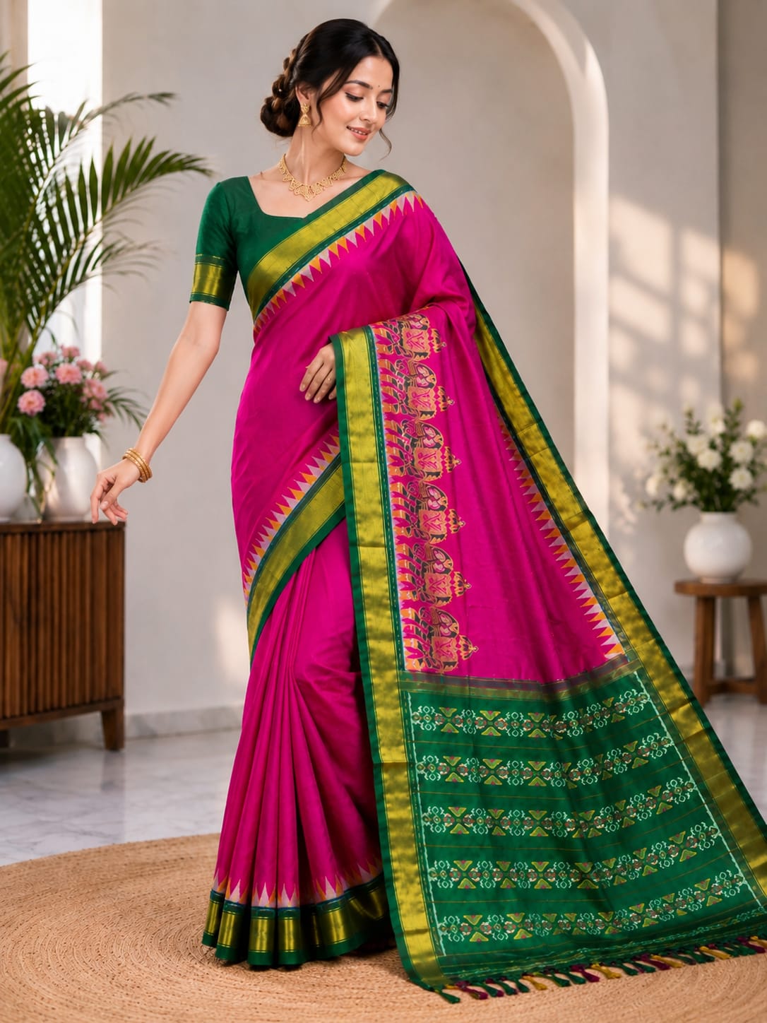 Pink Silk Saree with Green & Gold Border