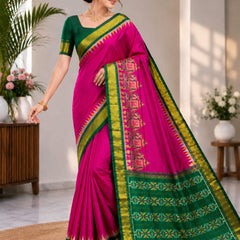 Pink Silk Saree with Green & Gold Border