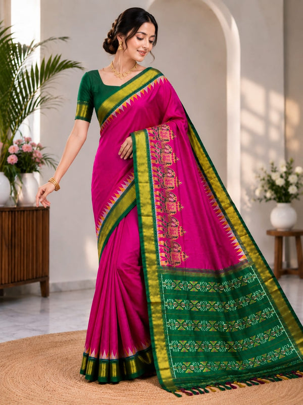 Pink Silk Saree with Green & Gold Border