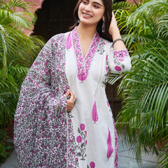 Ivory & Pink Floral Printed Kurta Set with Matching Dupatta