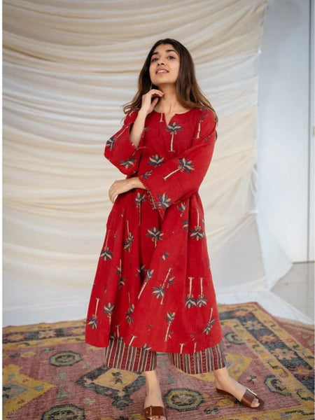 Red Ajrakh Cotton Jhabba Kali Co-ord