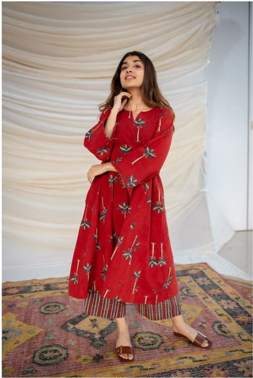 Red Ajrakh Cotton Jhabba Kali Co-ord