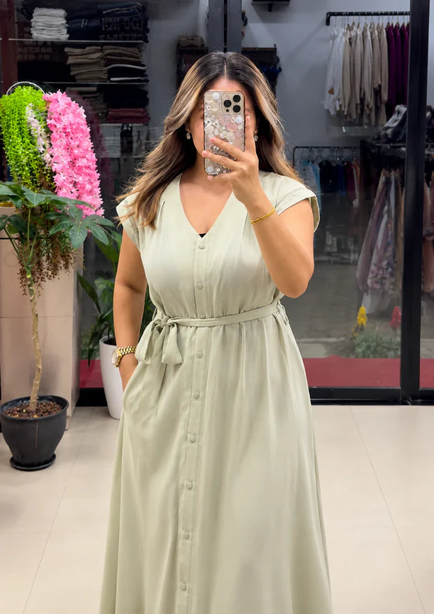Button-Down Maxi Dress with Waist Tie