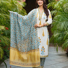 Ivory & Yellow Floral Printed Kurta Set with Matching Dupatta