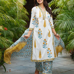 Ivory & Yellow Floral Printed Kurta Set with Matching Dupatta