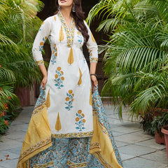 Ivory & Yellow Floral Printed Kurta Set with Matching Dupatta