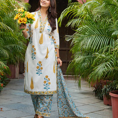Ivory & Yellow Floral Printed Kurta Set with Matching Dupatta