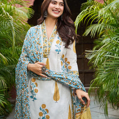 Ivory & Yellow Floral Printed Kurta Set with Matching Dupatta