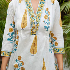 Ivory & Yellow Floral Printed Kurta Set with Matching Dupatta