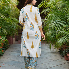 Ivory & Yellow Floral Printed Kurta Set with Matching Dupatta
