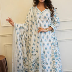 Blue White Cotton Afghani Kurti With Pant & Dupatta Set