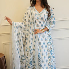 Blue White Cotton Afghani Kurti With Pant & Dupatta Set