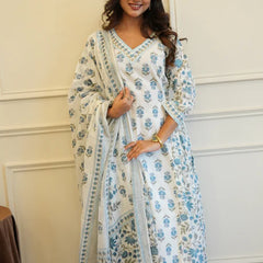 Blue White Cotton Afghani Kurti With Pant & Dupatta Set