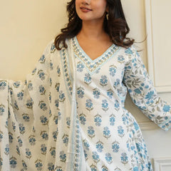 Blue White Cotton Afghani Kurti With Pant & Dupatta Set