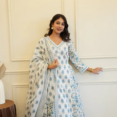 Blue White Cotton Afghani Kurti With Pant & Dupatta Set
