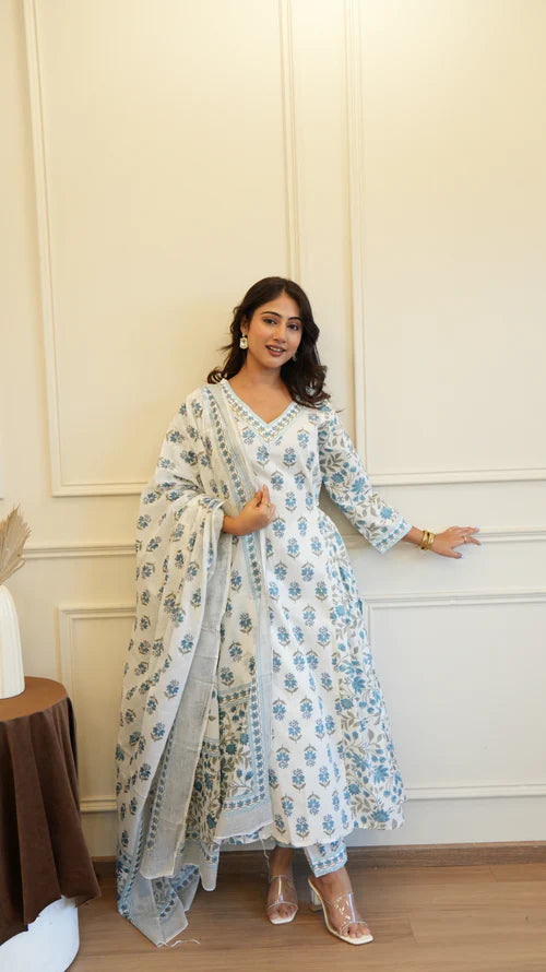 Blue White Cotton Afghani Kurti With Pant & Dupatta Set