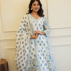 Blue White Cotton Afghani Kurti With Pant & Dupatta Set