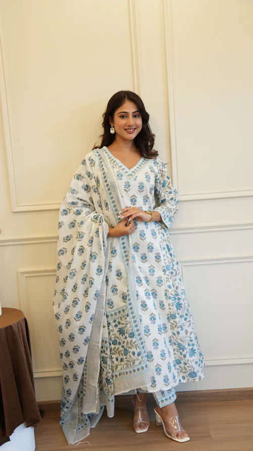 Blue White Cotton Afghani Kurti With Pant & Dupatta Set