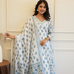 Blue White Cotton Afghani Kurti With Pant & Dupatta Set