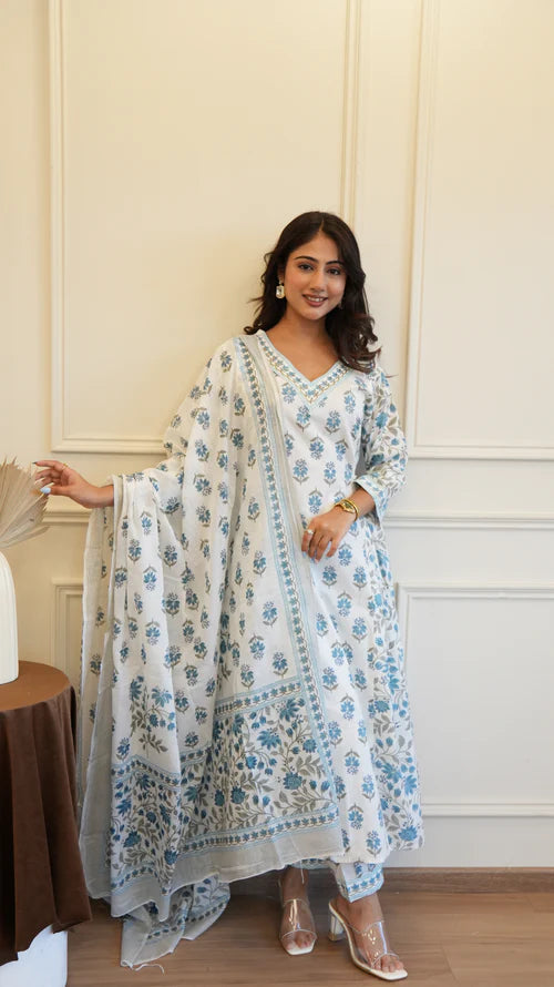 Blue White Cotton Afghani Kurti With Pant & Dupatta Set