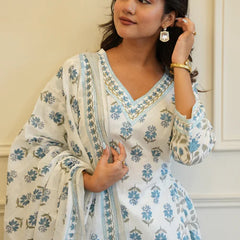 Blue White Cotton Afghani Kurti With Pant & Dupatta Set