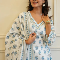 Blue White Cotton Afghani Kurti With Pant & Dupatta Set