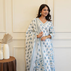Blue White Cotton Afghani Kurti With Pant & Dupatta Set