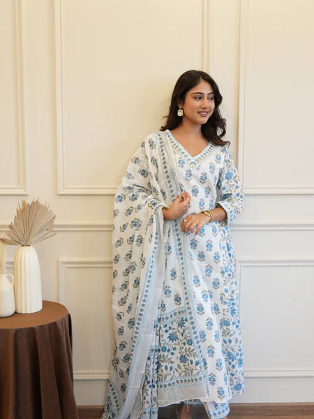 Blue White Cotton Afghani Kurti With Pant & Dupatta Set