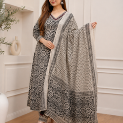 Black Pearl Heritage  Floral Afghani Kurti With Pant & Dupatta Set
