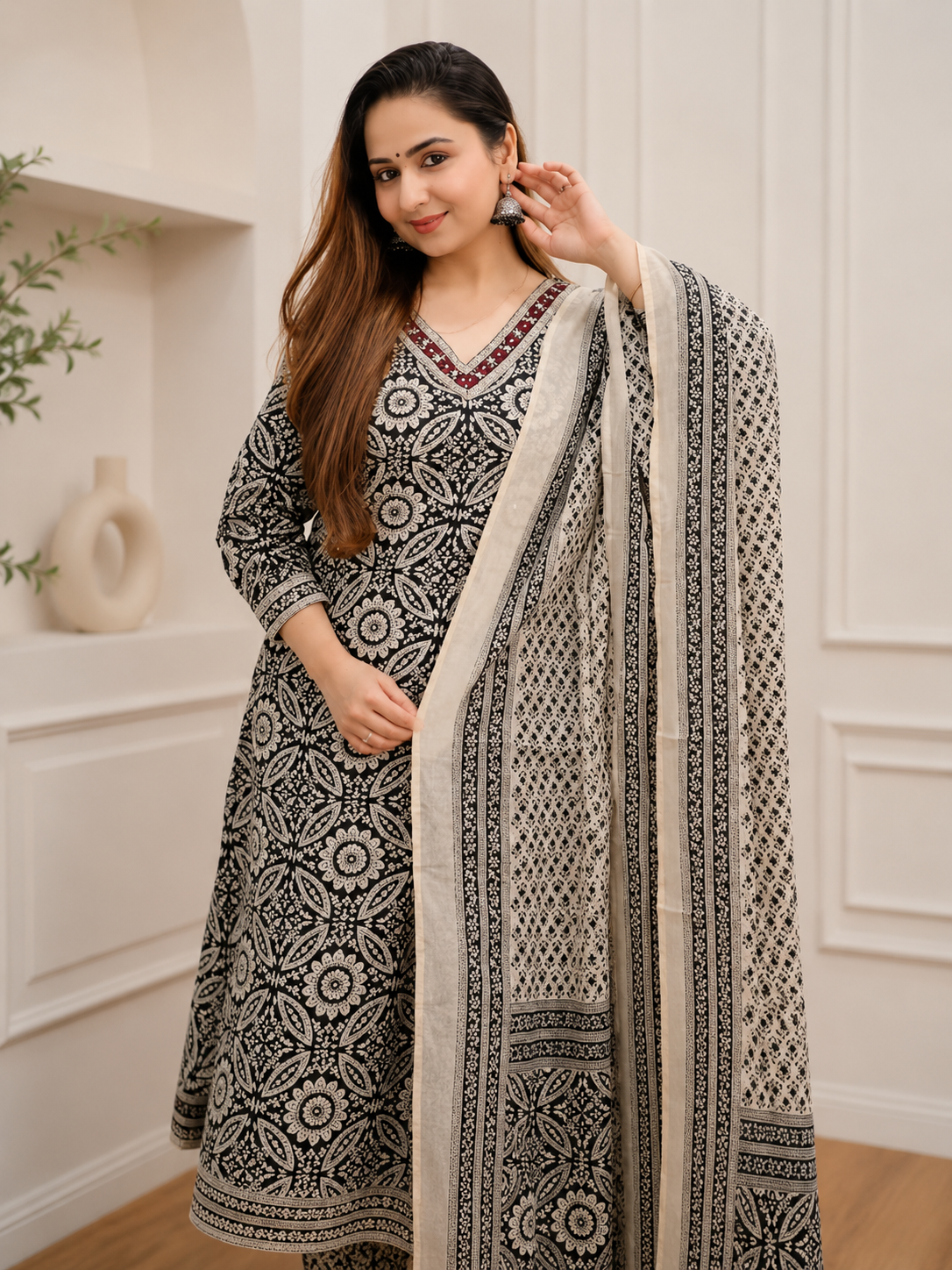 Black Pearl Heritage  Floral Afghani Kurti With Pant & Dupatta Set