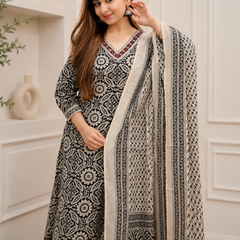 Black Pearl Heritage  Floral Afghani Kurti With Pant & Dupatta Set