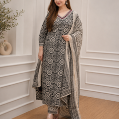 Black Pearl Heritage  Floral Afghani Kurti With Pant & Dupatta Set