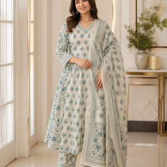 Blue Blossom Cotton Afghani Kurti With Pant & Dupatta Set