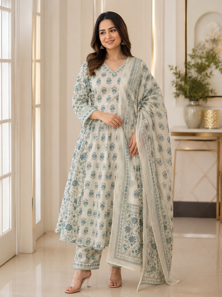 Blue Blossom Cotton Afghani Kurti With Pant & Dupatta Set