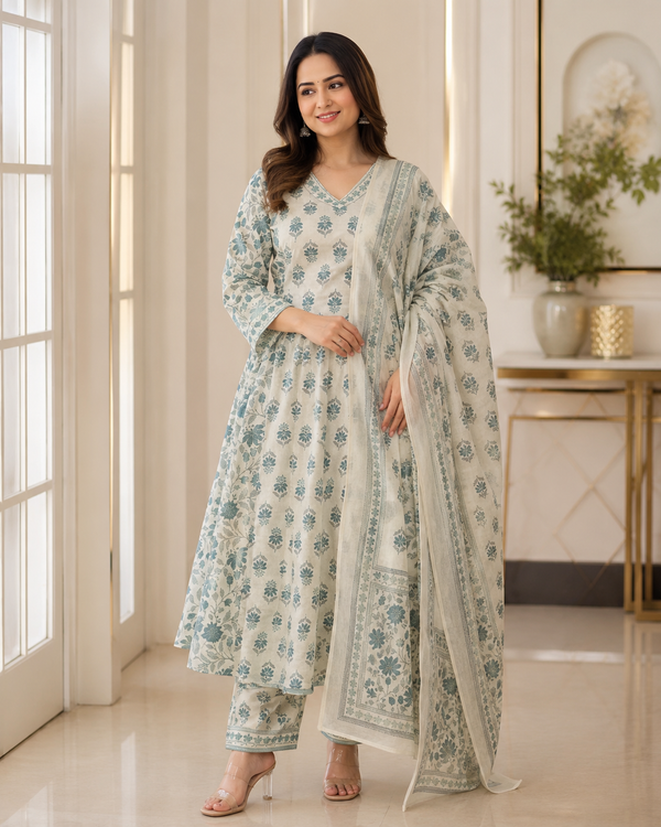 Blue Blossom Cotton Afghani Kurti With Pant & Dupatta Set