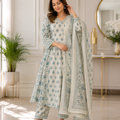 Blue Blossom Cotton Afghani Kurti With Pant & Dupatta Set