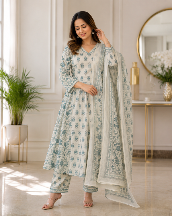Blue Blossom Cotton Afghani Kurti With Pant & Dupatta Set