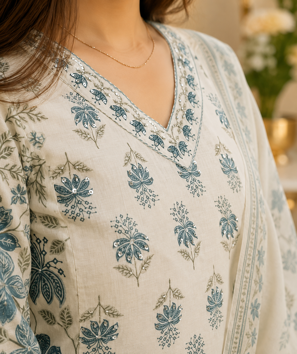 Blue Blossom Cotton Afghani Kurti With Pant & Dupatta Set