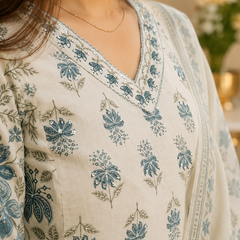 Blue Blossom Cotton Afghani Kurti With Pant & Dupatta Set