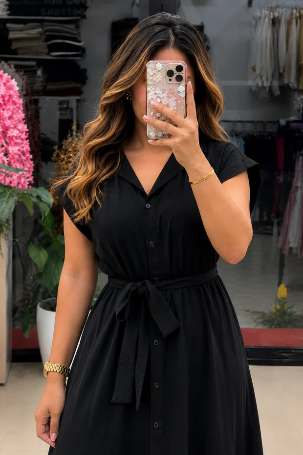 Button-Down Maxi Dress with Waist Tie