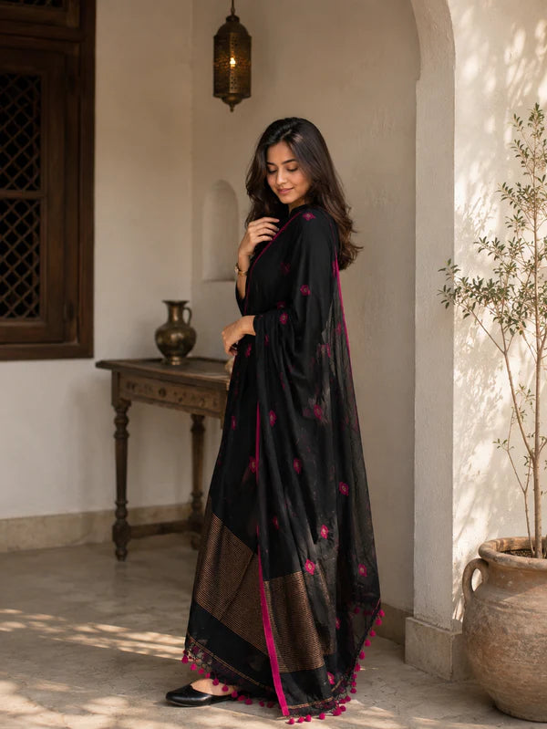 Black Magenta Designer jacquard Suit Set with Dupatta