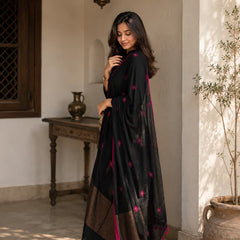 Black Magenta Designer jacquard Suit Set with Dupatta