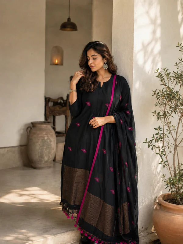 Black Magenta Designer jacquard Suit Set with Dupatta