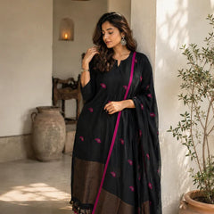 Black Magenta Designer jacquard Suit Set with Dupatta