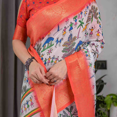 Peach Handloom Printed Saree with Rich Zari Border